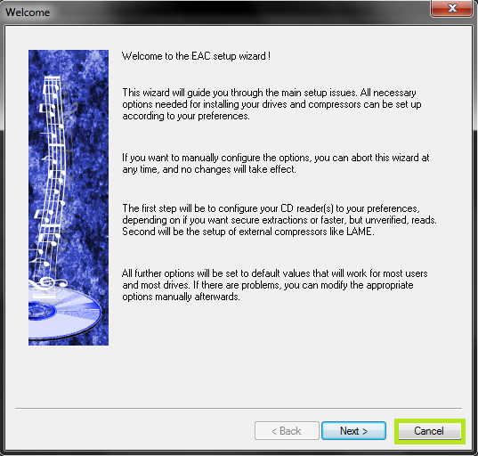 Exact Audio Copy setup screenshot for Start EAC and configure AccurateRip