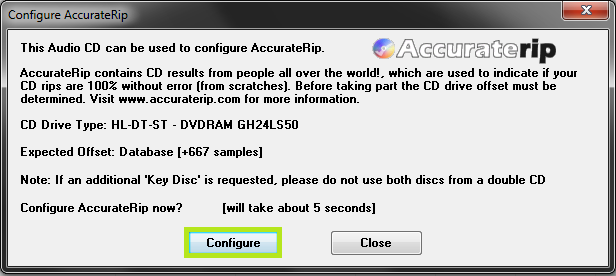 Exact Audio Copy setup screenshot for Start EAC and configure AccurateRip