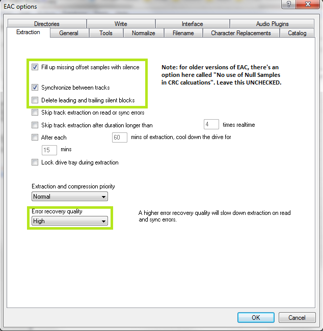 Exact Audio Copy setup screenshot for Set EAC options