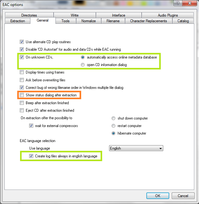 Exact Audio Copy setup screenshot for Set EAC options
