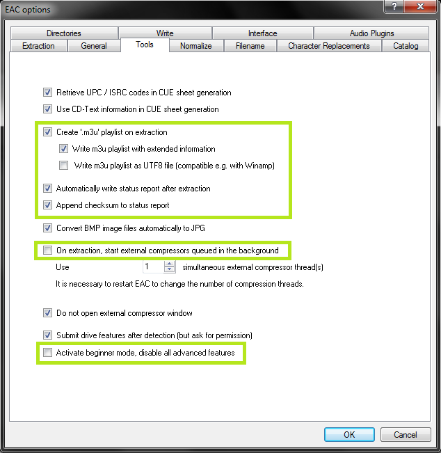 Exact Audio Copy setup screenshot for Set EAC options