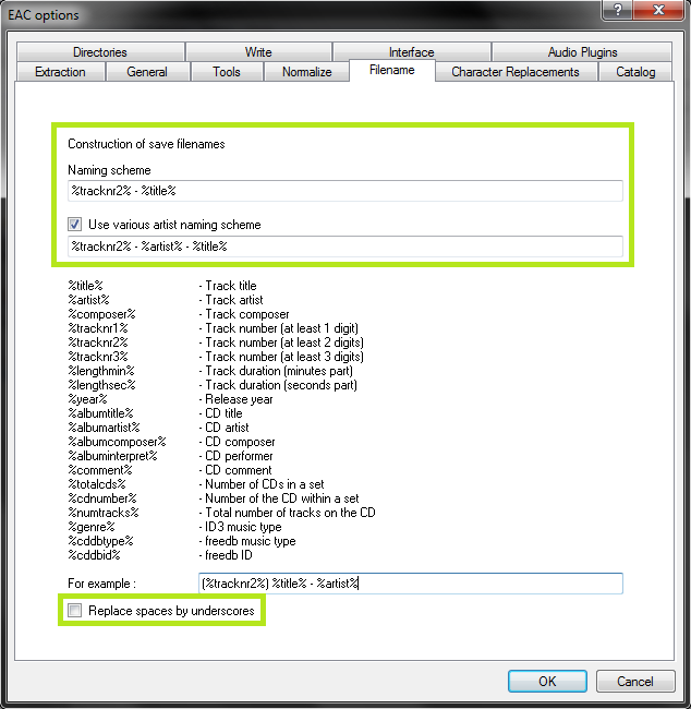Exact Audio Copy setup screenshot for Set EAC options