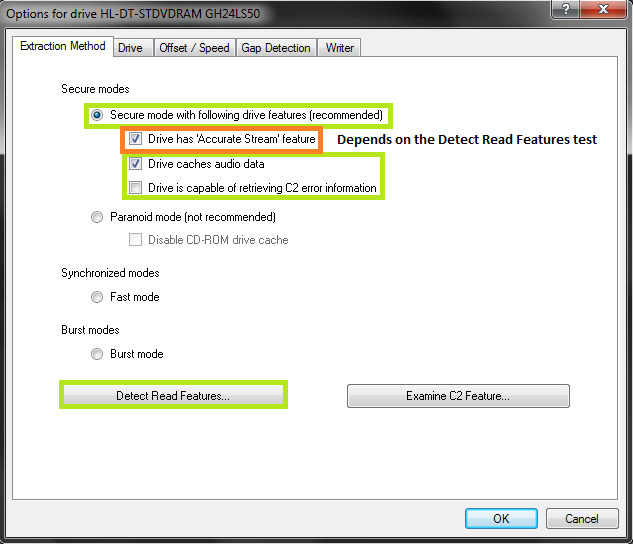 Exact Audio Copy setup screenshot for Configure drive options