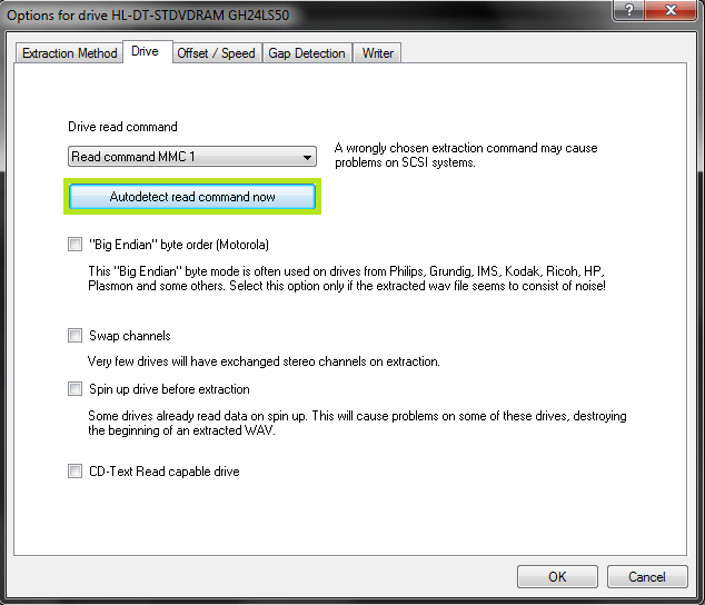 Exact Audio Copy setup screenshot for Configure drive options