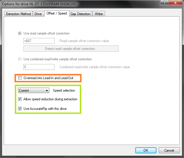 Exact Audio Copy setup screenshot for Configure drive options