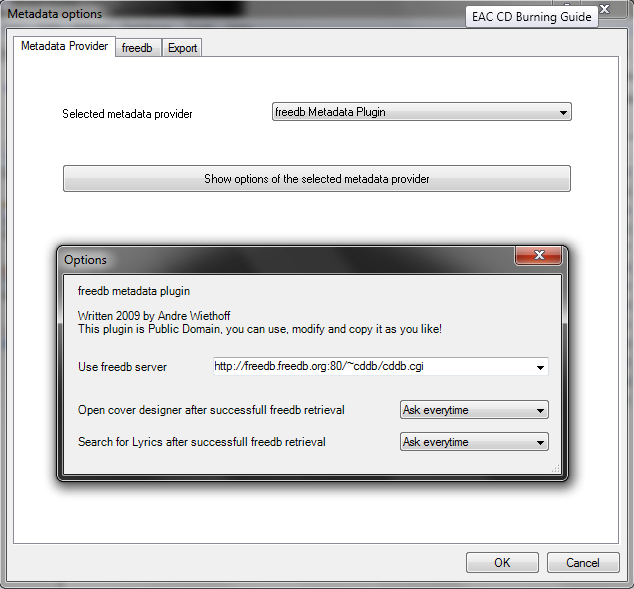Exact Audio Copy setup screenshot for Set metadata options