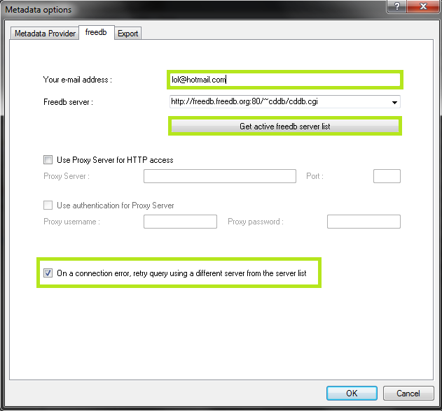 Exact Audio Copy setup screenshot for Set metadata options