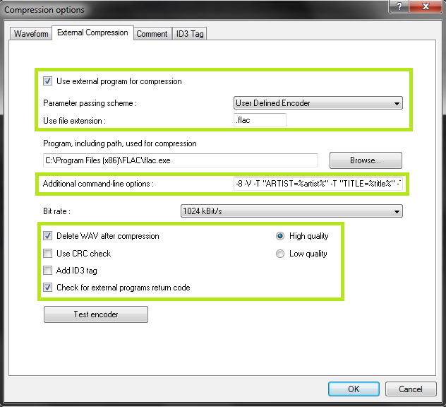 Exact Audio Copy setup screenshot for Configure FLAC compression