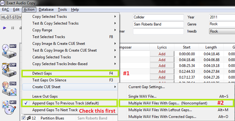 Exact Audio Copy setup screenshot for Detect gaps and create a CUE sheet