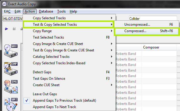 Exact Audio Copy setup screenshot for Rip with Test & Copy